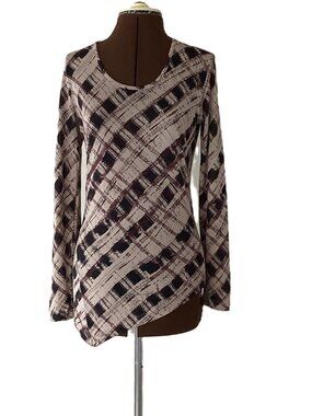 Country Road Abstract Plaid Silk Jersey Top - Asymmetrical Hemline,